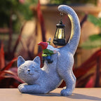 Snowrabbit Cat Statue Garden Decor with Funny Gnome Figurine & Solar Lantern, Motherday Gifts for Mom,Birthday Gift for Women,Cat Statues for Garden,Patio,Yard Decoration, Gray, SR-C-003