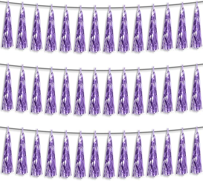 3P Light Purple Foil Fringe Metallic Tassel Streamers Banner Tassel Garland for Parade Floats, Bachelorette, Wedding, Birthday, Halloween, Christmas, Bridal/Baby Shower Party Decorations