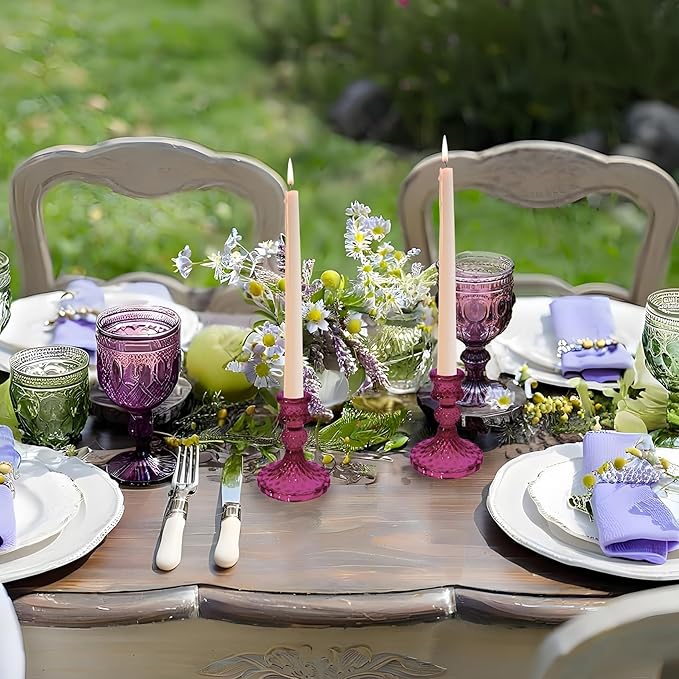 Glass Candlestick Holder,Striped Taper Candle Holders,Set of 6 Candle Stand for Table Centerpieces, Home Decor,Weddings,Festival and Parties (GCH002-Purple Dimond)