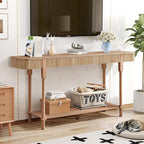 63” Console Table with 2 Drawers, Retro Entryway Table with Fluted Panel & Storage Shelf, Narrow Long Behind Couch Tables Accent Sofa Table with Solid Wood Legs for Living Room Foyer Hallway(Natural)