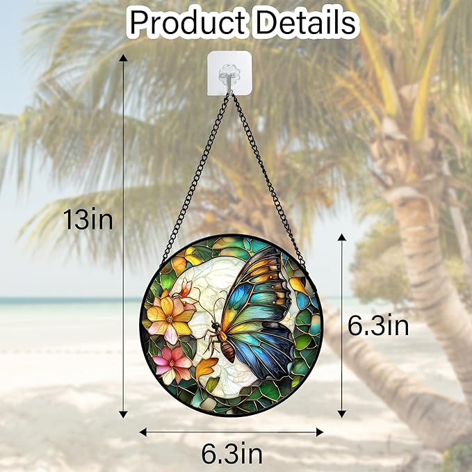 Stained Glass Window Hanging, Butterfly Flower Sun Catchers Diamond Glass Panel Hangings Insect Suncatcher Decor for Birthday for Women, Men, Wife, Aunt, and Mom 6.3 in