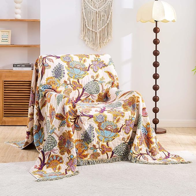 Boho Throw Blanket for Bed, 100% Cotton Soft Rustic Quilt Fall Blanket, 60"x80" Floral Printed Farmhouse Decor Bed Blankets, All Season Rustic Reversible Bohemian Throw Quilt