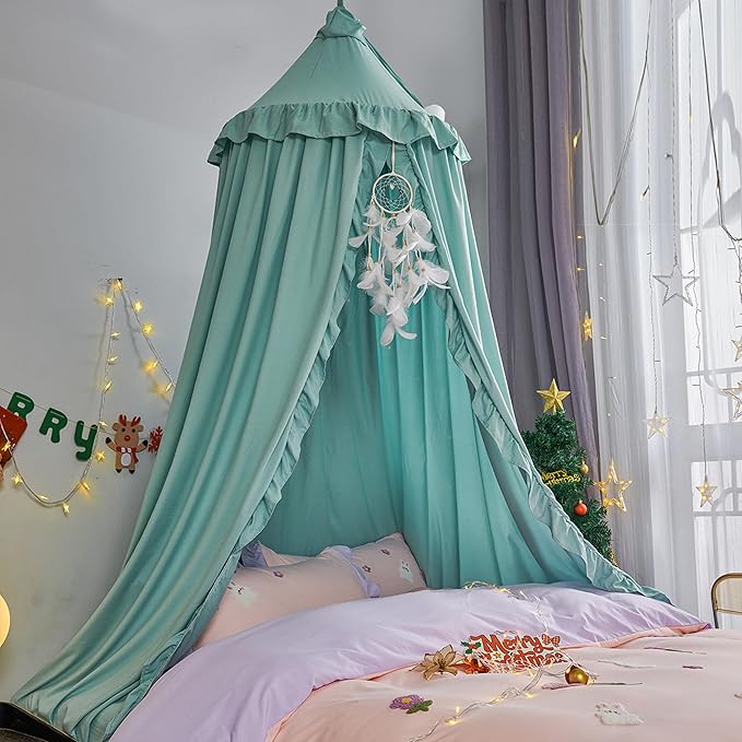 VETHIN Bed Canopy for Girls,Princess Round Dome Dreamy Mosquito Net Bedding Girls Room Castle Play Tent Hanging House Decor Reading Nook Canopies (Green)