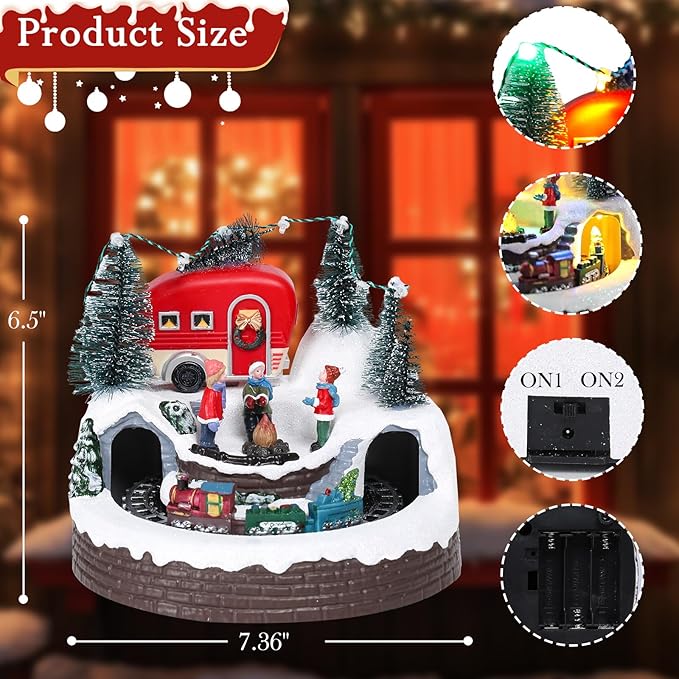 Christmas Village House Musical Christmas Collectible Buildings Camper Bonfire Train Rotation with LED Lights Vacation Village with USB Indoor Figurines Indoor Tabletop Decoration Xmas Decor