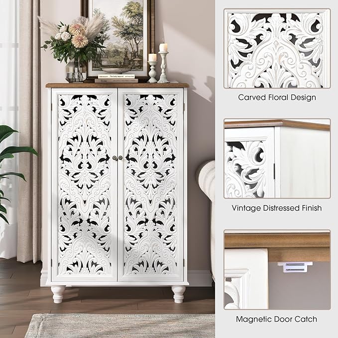 47" Tall Storage Cabinet with Doors and Shelves, Wood Accent Cabinet with Distressed Finish, Buffet & Sideboard for Living Room, Entryway, Dining Room, Bedroom, White