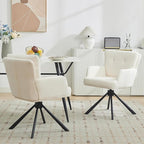 Fabric Dining Chair Set of 2 Modern Upholstered Swivel Dining Room Chairs Comfy Accent Armchair with Mid Back, Desk Arm Chair No Wheels for Kitchen/Living Room/Dining Room, White