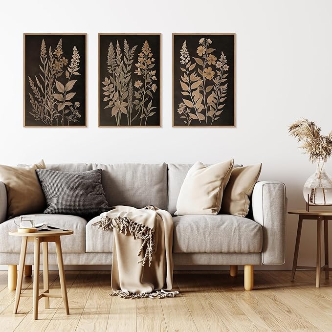 HLNIUC Vintage Botanical Fern Framed Canvas Wall Art Set,Black and Tan Plant Leaf Wall Decor,Netural Minimalist Herb Floral Art Print,Modern Farmhouse Wall Painting for Living Room,Bedroom - 16”x24”x3