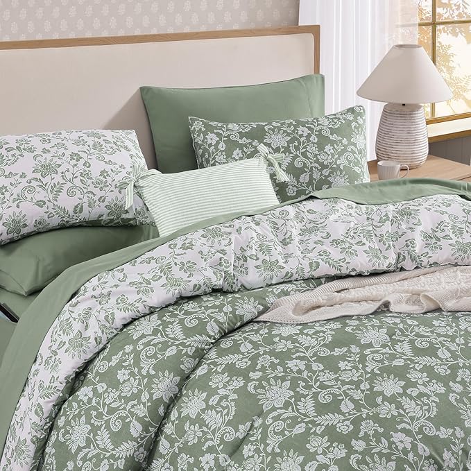 King Comforter Set -7 Pieces Floral Grey Green Comforter Set for All Seasons, Bed in a Bag King with Botanical Flowers Comforter, Sheets, Pillowcases & Shams