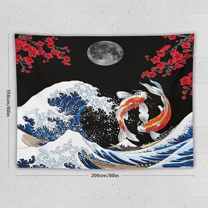Houselerax Japanese Koi Fish Tapestry, Yin Yang Big Wave Red Cherry Blossom Tapestries Wall Hanging for Bedroom Living Room Office Decor 80"x60"
