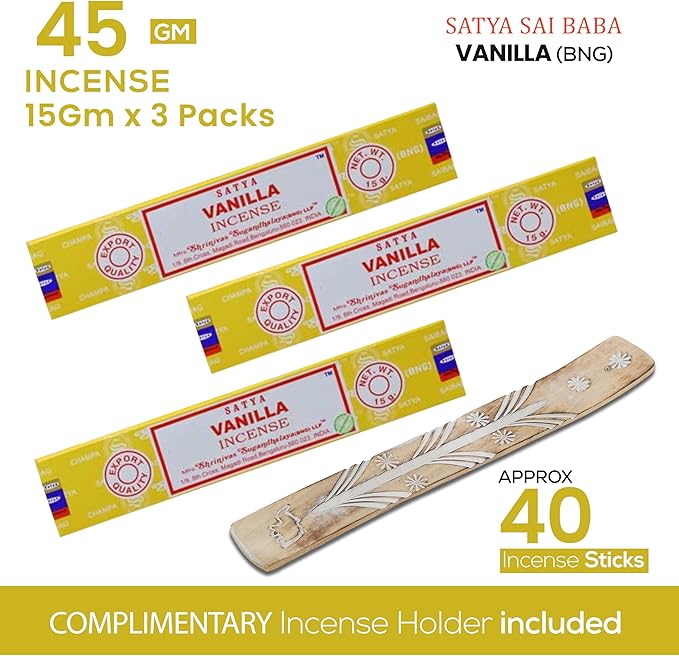 Satya Nagchampa Vanilla Incense Sticks, Satya Bng (Bangalore) Insenses 15gmx3 Pack (45 GMS) with Raajsee Incense Holder Bundle, Satya Nagchampa Natural Incense