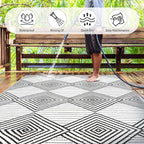 Waterproof Outdoor Rug 8x10ft, Foldable Reversible Plastic Straw Mat for Patio RV Deck Porch Backyard Balcony Camping Picnic Beach Indoor Outdoor Carpet, Black&White