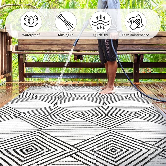 Waterproof Outdoor Rug 8x10ft, Foldable Reversible Plastic Straw Mat for Patio RV Deck Porch Backyard Balcony Camping Picnic Beach Indoor Outdoor Carpet, Black&White