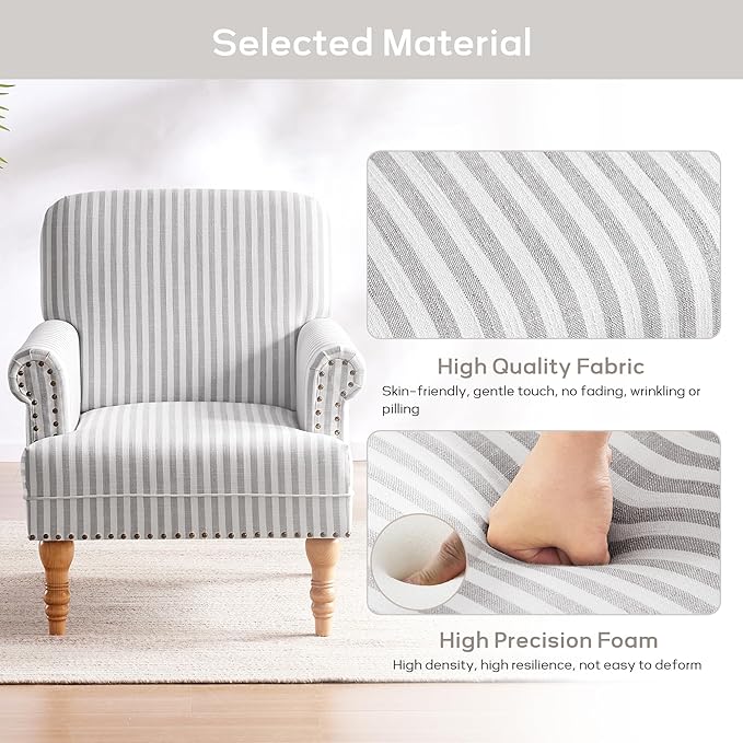 HUIMO Linen Fabric Accent Chair, Mid-Century Modern Armchair with Solid Wood Legs, Single Sofa Chair,Upholstered Reading Club Chair (1, Grey and White Stripe)