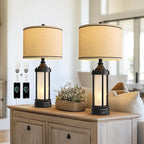 25'' Table Lamps for Bedroom Living Room Lamps Set of 2 Farmhouse Nightstand Bedside Lamps with USB Ports, Built-In Frosted Glass Night Light Industrial Metal Night Stand Lamp, Bulbs Included, Black