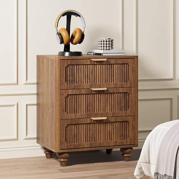 3 Drawer Dresser for Bedroom, Mid Century Modern Closet Dressers Chest of Drawers, Fluted Wood Wide Nightstand Storage Dresser with Drawers for Living Room, Dressing Room, Entryway, Hallway, Walnut
