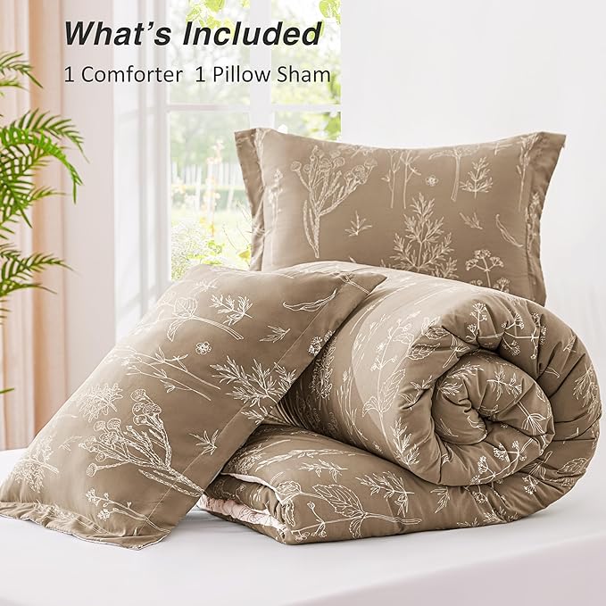 Love's cabin Light Taupe Twin Comforter Set - Twin XL Size Dorm Bedding, 2 Pieces Cute Floral Bedding Comforter Set, Soft Reversible Flowers Comforter, 1 Comforter & 1 Pillow Sham
