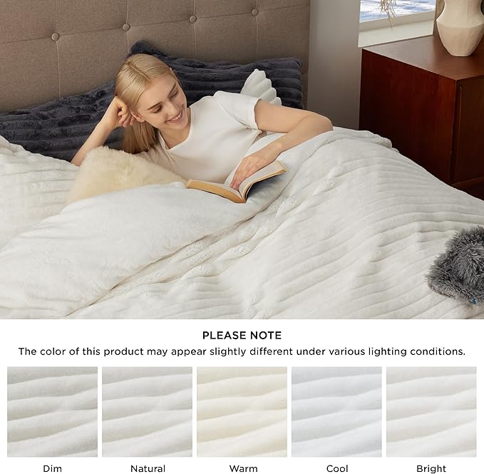 Bedsure Fluffy Duvet Cover Set - Ultra Soft Plush Shaggy Comforter Cover King Size, Warm Flannel Fleece Bed Sets for Winter, 3 Pieces (Striped Pattern, Coconut White)
