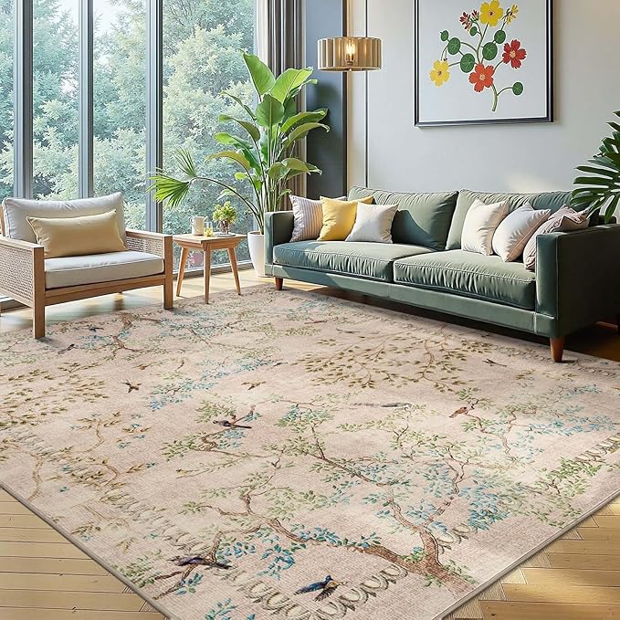 jinchan Botanical Birds 8x10 Beige Area Rugs for Living Room Washable Non Slip Soft Nature Plants Modern Carpet Vintage Ultra Thin Low Pile Indoor Rug for Bedroom Dining Room Nursery Playroom