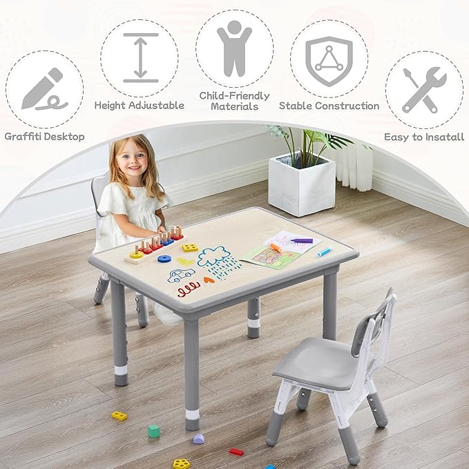 Toddler Table and Chair Set, Height Adjustable-Upgrade Kids Table and 2 Chairs for Ages 3-8, Multi-Activity Toddler Play Table with Graffiti Desktop for Home/Daycare/Classroom
