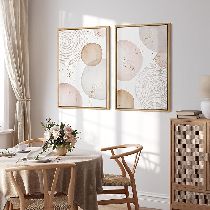 SIGNFORD Framed Wall Art Print Set Pastel Pink Gray Watercolor Circles Abstract Shapes Illustrations Modern Minimalist Relax/Calm Multicolor for Living Room, Bedroom, Office - 16"x24"x2 Natural