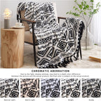 CASAAGUSTO Boho Throw Blanket - Black and White Decorative Blankets with Tassel, Printed Flannel Bohemian Blanket for Chair, Bed, Sofa, Couch(60 * 80, Black and White)
