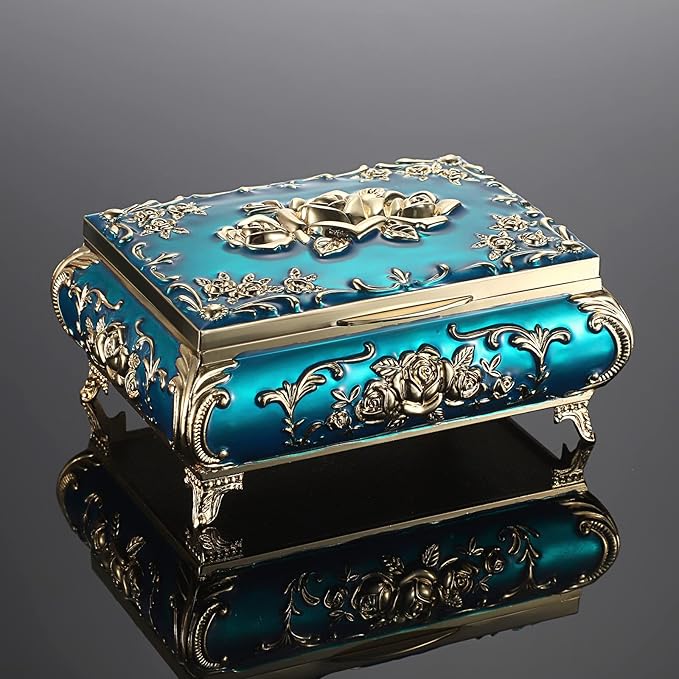 ELLDOO Vintage Music Box, Blue Metal Musical Jewelry Box Keepsake Box, Small Trinket Jewelry Storage Box Gift for Girl Women (Tune: You are My Sunshine)