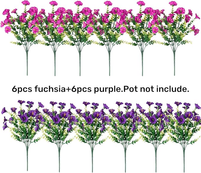 HyeFlora Artificial Flowers for Outdoors Fake Plants Outside Decoration, 12 Bundles Silk Colorful Morning Glory with Eucalyptus UV Resistant Realistic Faux Flowers for Planter Porch Patio Yard Garden