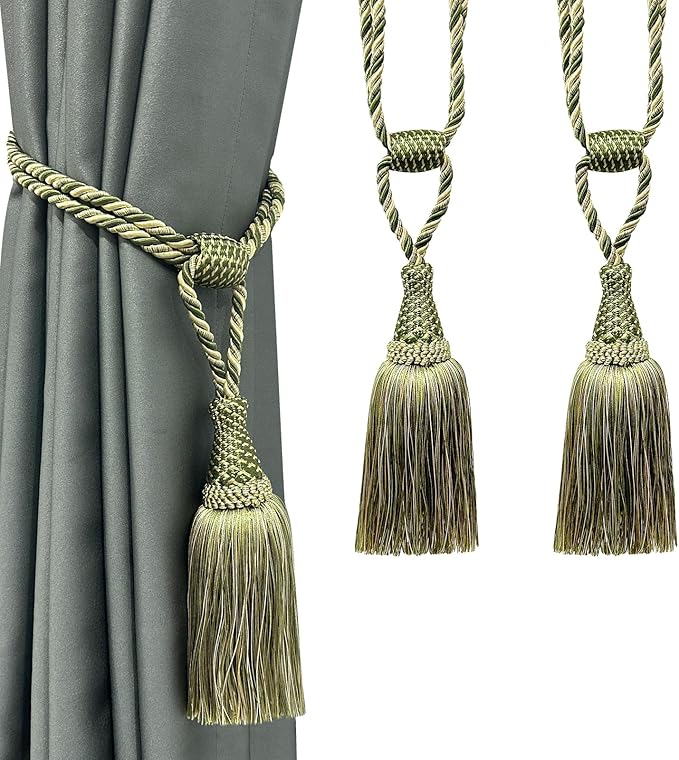 Fenghuangwu Curtain Tiebacks Handmade Elegant Curtain Tie Backs Holdbacks with Tassel for Home Office Decor 2 Pack - Green