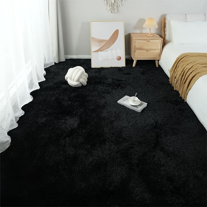 Shag Rugs 8x10 Living Room: Shag Area Rug for Bedroom - Black Large Fluffy Soft Carpet (Black, 8x10 Feet)…