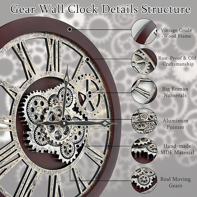 HOIBAI Wall Clock, Clocks for Living Room Decor 20 Inch Big Moving Gears Clock Farmhouse Vintage Rustic Wall Clock Vintage Roman Oversized for Home Bedroom House Kitchen Wall Decor
