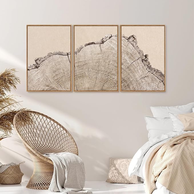 SIGNINART Large Tree Ring Framed Canvas Wall Art Set, Rustic Beige Nature Wooden Wall Decor, Neutral Wood Stump Artwork, Modern Art Prints for Bedroom Living Room Office 16"x24"x3