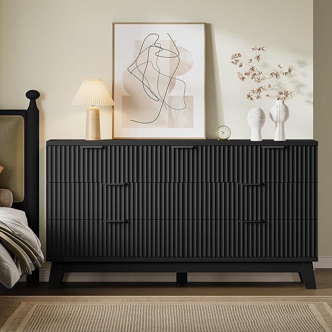 57" Long Dresser for Bedroom, 7-Drawer Fluted Chest, Wide Wood Storage Dresser with Metal Slides and Handles, Stable Base, Modern Clothes Organizer for Primary Suite, Guest Room, Nursery