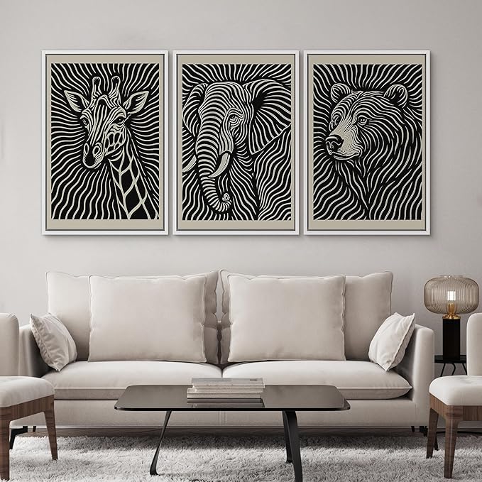SIGNWIN Framed Canvas Print Wall Art Wildlife Portrait Giraffe, Elephant, and Bear Photography Modern Art Minimalist Black and White for Living Room, Bedroom, Office - 24"x36"x3 White