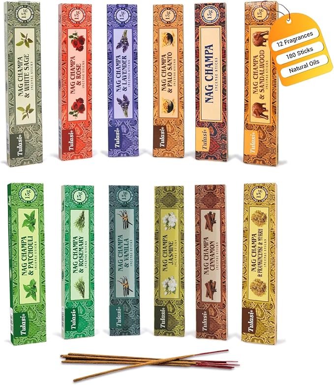 Nag Champa Incense Sticks with Natural Oils, Assorted Incense Set of 12 Scents - Lavender, Rose, Sandalwood, Vanilla, White Sage, Cinnamon, Rosemary etc, Positive Aroma for Meditation, Yoga & Prayer