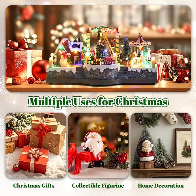 Vigdur Christmas Village Houses - Lighted Xmas Carousel & Rotating Train and 8 Xmas Songs, Christmas Animation Village Indoor Holiday Tabletop Decorations for Home Tabletop Gift