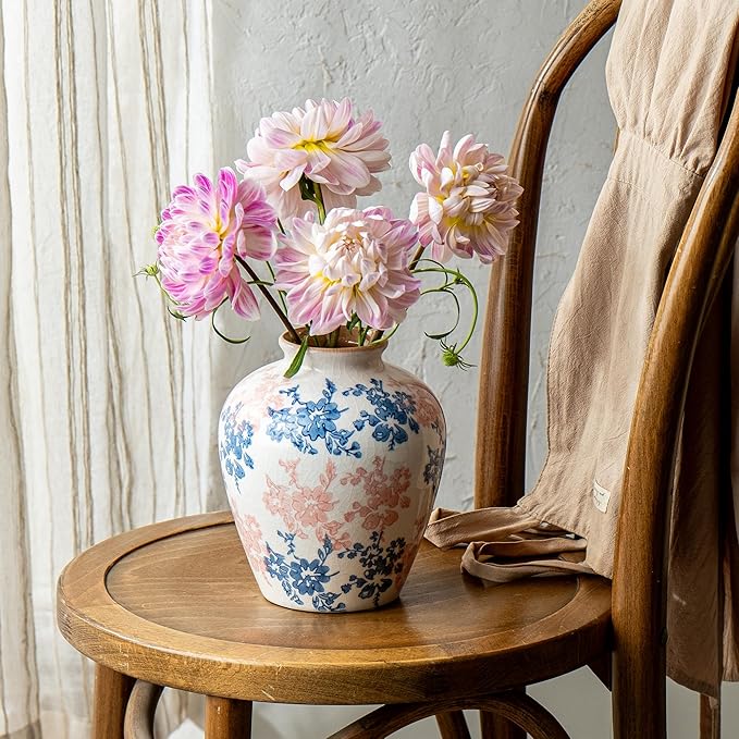 Pink Blue and White Vase, 8 Inch Vintage Chinoiserie Ceramic Vase, Rustic Flower Vases Decorative Antique Vases for Home Decor, Retro Ice Cracked Porcelain Farmhouse Table Centerpieces Decor