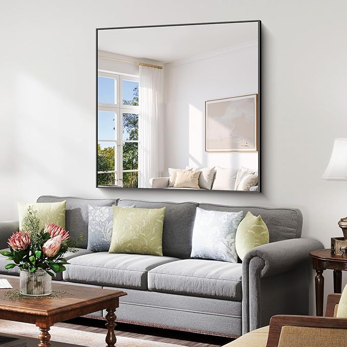 YIROMAN Bathroom Mirror for Wall 48"x48", Large Matte Black Bathroom Mirror with Metal Frame, Square Vanity Mirror with Right Angles, Wall Mirror Hangs Horizontal or Vertical, Shatterproof