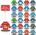 24 Pcs Ugly Sweater Christmas Table Place Card Holders Stand Display, Wooden Christmas Table Card Holders with Swirl Wire Memo Name Number Photo Sign Clip Holder for Christmas Party Table Decorations