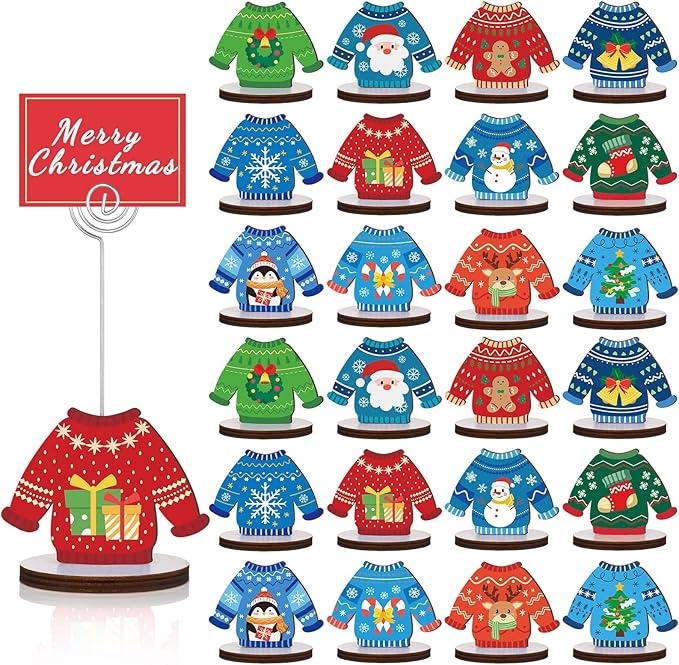 24 Pcs Ugly Sweater Christmas Table Place Card Holders Stand Display, Wooden Christmas Table Card Holders with Swirl Wire Memo Name Number Photo Sign Clip Holder for Christmas Party Table Decorations