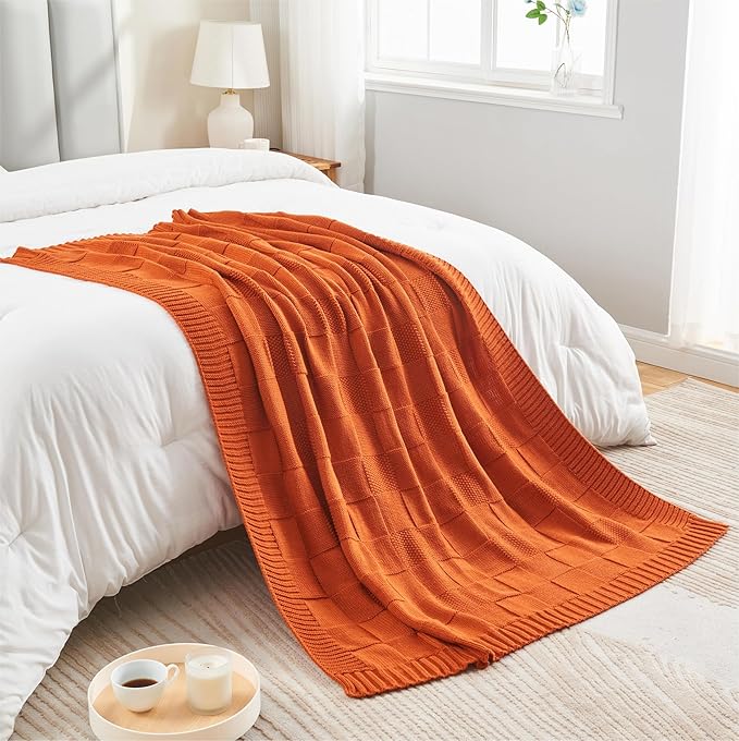 CozeCube Check Knit Throw Blanket, Rust Orange Checkered Throw for Couch, Decorative Christmas Soft Cozy Warm Knitted Blanket for Bed Sofa Living Room, 50"X60"