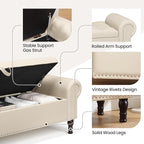 51" Storage Ottoman Bench for Bedroom, Full Queen Storage Bench with Button, Upholstered Bedroom Bench with Rolled Arms for Living Room, Storage Room, Entryway, Beige+Brown Legs