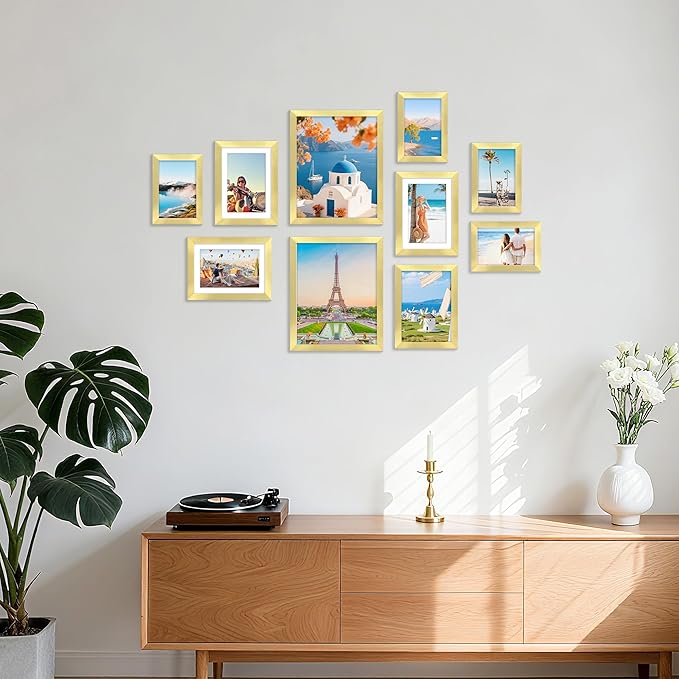 decorUhome Picture Frames Collage Wall Decor for Photo Gallery Display, Assorted Picture Frames set of 10 Including Two 8x10 / Four 5x7 / Four 4x6 for Family Wall Decor, Gold, 10 Pack