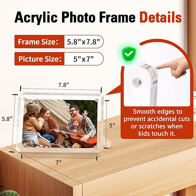 FIXSMITH 5x7 Acrylic Picture Frames 2 Pack, Clear Picture Frame with Stand, Magnetic Acrylic Photo Frames for Tabletop Display Horizontally or Vertically, Acrylic Floating Frame for Home Office