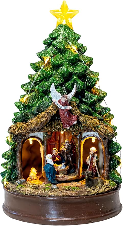 Christmas Tree Animated Ratating Manger Nativity Scene, Musical Angel Holy Family Figurines LED Light Play Silent Night Music, Xmas Decor Gift, Tabletop Decorative Holiday Home Decorations