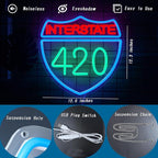 Interstate 420 Neon Sign Green Leaf Neon Signs for Wall Decor Dimmable 420 Theme Light Vintage Route Neon Light Sign for Game Room Man Cave Bar Decor Suitable Gift for Party Birthday（12.6 * 12.3inch）