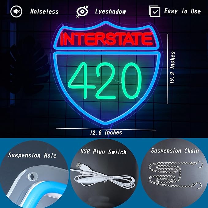 Interstate 420 Neon Sign Green Leaf Neon Signs for Wall Decor Dimmable 420 Theme Light Vintage Route Neon Light Sign for Game Room Man Cave Bar Decor Suitable Gift for Party Birthday（12.6 * 12.3inch）