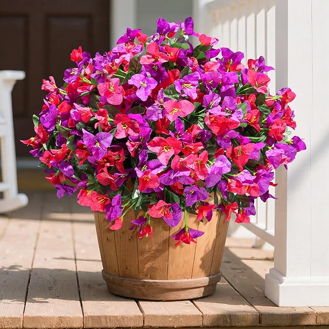 Ivydale Artificial Fake Flowers Faux Plants for Outdoors, 4 Bundles Fake Silk Bougainvillea Flower Look Real UV Resistant Flowers for Planter Patio Porch Window Yard Balcony Home Decor(PurpleHotpink)