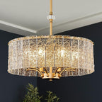 Modern Glass Chandelier Gold Drum Chandelier Light Fixture Round 24in Dining Room Chandelier Lighting 8 Light Ripple Glass Chandelier for Living Room Bedroom Entry Foyer