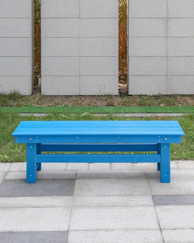 HDPE Outdoor Bench, 55" Patio Bench Outdoor Furniture, Poly Lumber Adirondack Benches, All Weather HDPE Patio Garden Backless Benches for Park, Poolside, Deck, Porch, Sky Blue