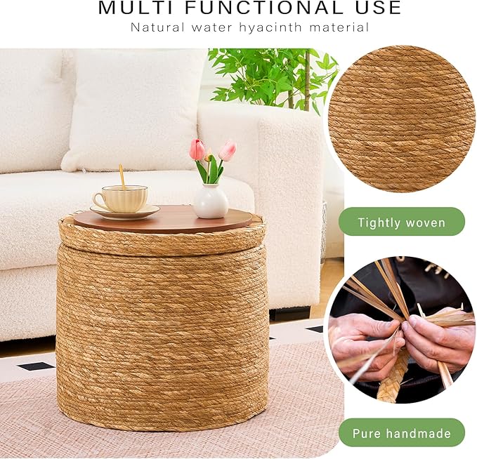 Wimarsbon Storage Pouf Ottoman, Hand Weaving Natural Straw Foot Stool, Bohemian Round Patio Ottomans, Rustic Lounge Pouffe, Outdoor Extra Seat for Garden